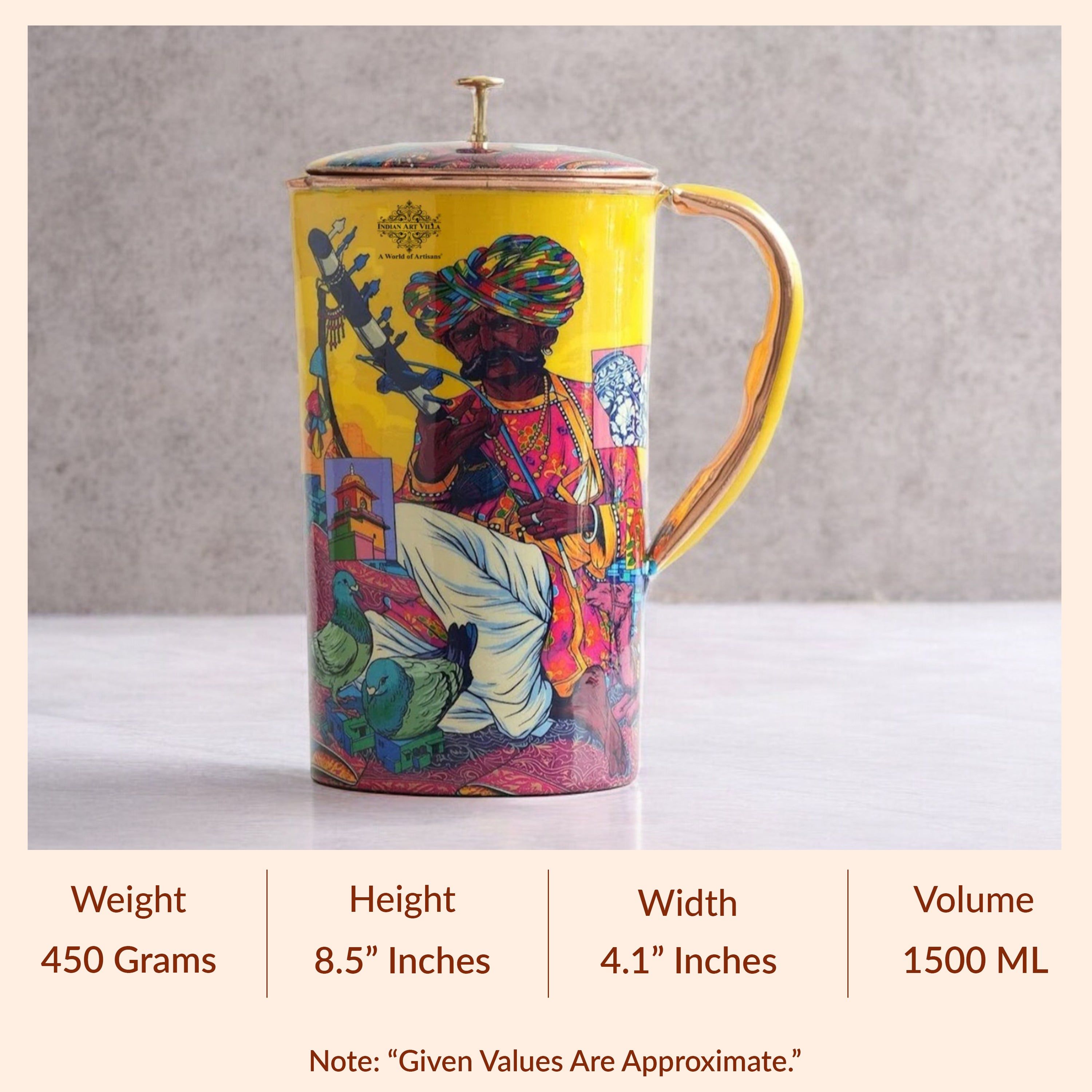 Pure copper printed jug padharo mhare desh design rajsthanimusician, 1500 ML